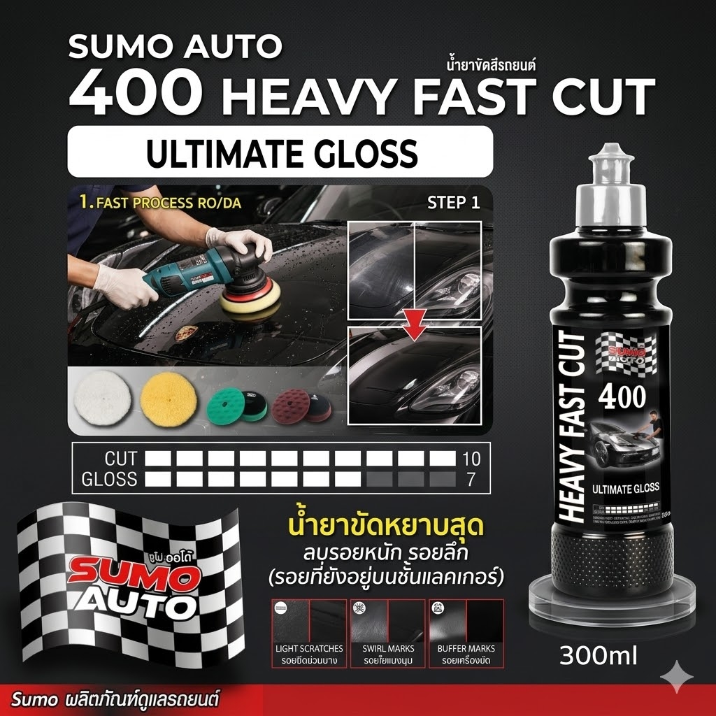 น้ำยาขัดสีรถ น้ำยาขัดหยาบ ลบรอยหนัก Cutting Compound Heavy Fast Cut 400 300ml SUMO Prasartstore.com