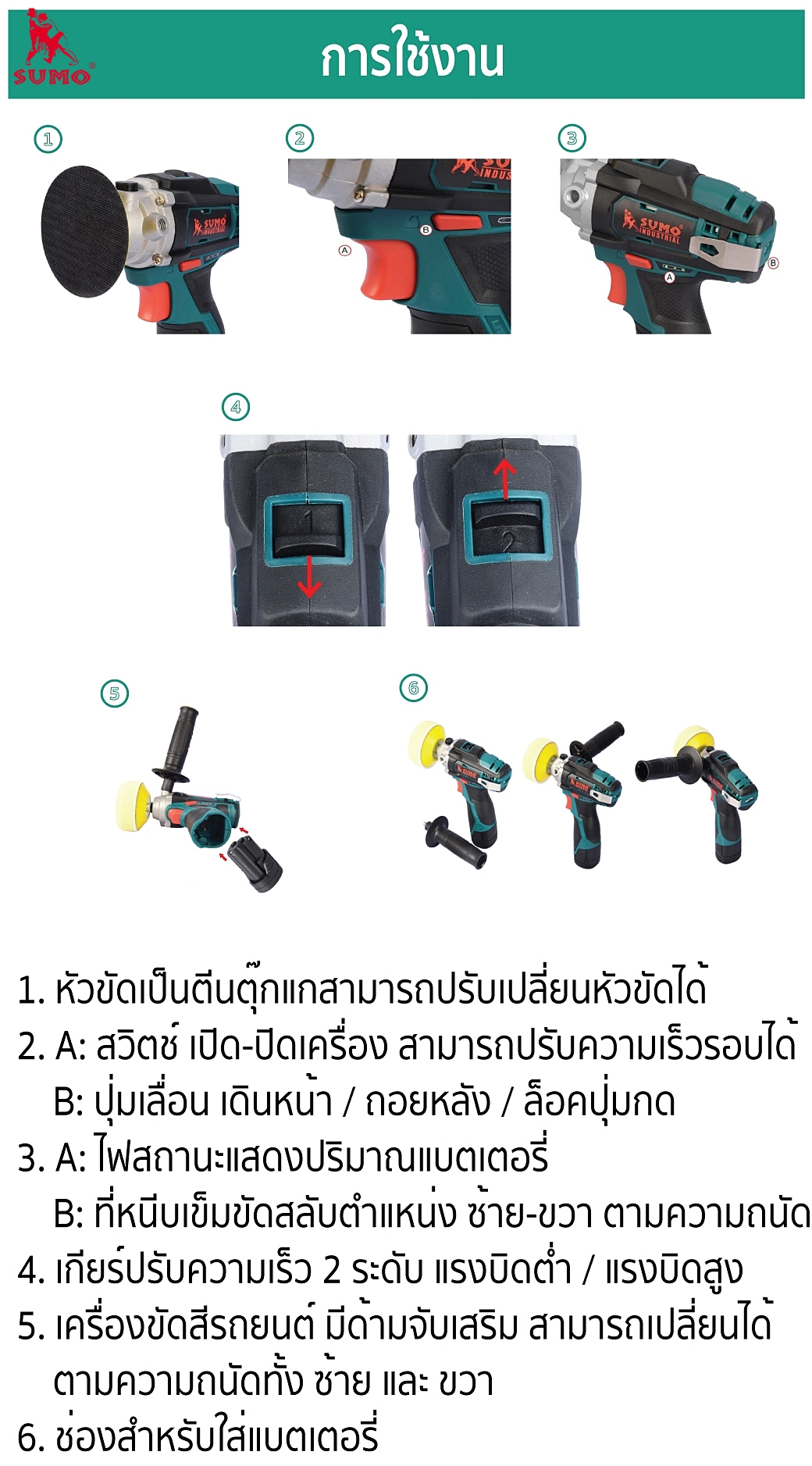 เครื่องขัดสีรถยนต์ไร้สาย 3 นิ้ว Cordless car polisher 3-inch Model CP699-1 SUMO 044