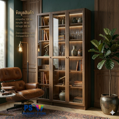 ตู้หนังสือ ตู้โชว์ ตู้ชั้นว่าง ตู้โชว์บานกระจก Bookcases, display cabinets, shelving units, glass-fronted display cabinets. 120x30x202 ซม. Black Brown