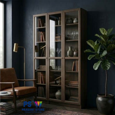 ตู้หนังสือ ตู้โชว์ ตู้ชั้นว่าง ตู้โชว์บานกระจก Bookcases, display cabinets, shelving units, glass-fronted display cabinets. 120x30x202 ซม. Black Brown