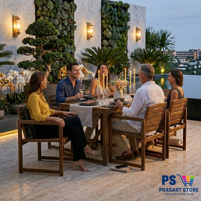 ชุดโต๊ะทานอาหาร  Dining Table Set Outdoor กลางแจ้งผลิตจากไม้ จริง โต๊ะและเก้าอี้ 6 ตัว