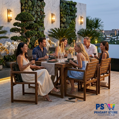 ชุดโต๊ะทานอาหาร  Dining Table Set Outdoor กลางแจ้งผลิตจากไม้ จริง โต๊ะและเก้าอี้ 6 ตัว