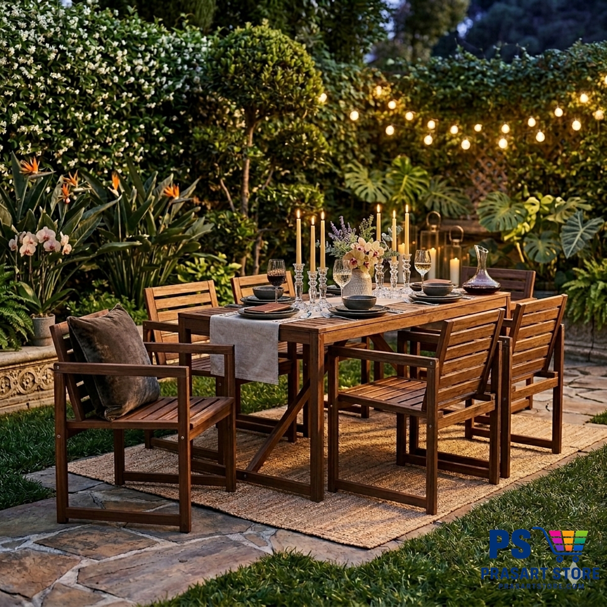ชุดโต๊ะทานอาหาร  Dining Table Set Outdoor กลางแจ้งผลิตจากไม้ จริง โต๊ะและเก้าอี้ 6 ตัว