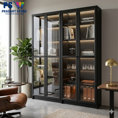 ตู้หนังสือ ตู้โชว์ ตู้ชั้นว่าง ตู้โชว์บานกระจก Bookcases, display cabinets, shelving units, glass-fronted display cabinets. 160x30x202 ซม Black