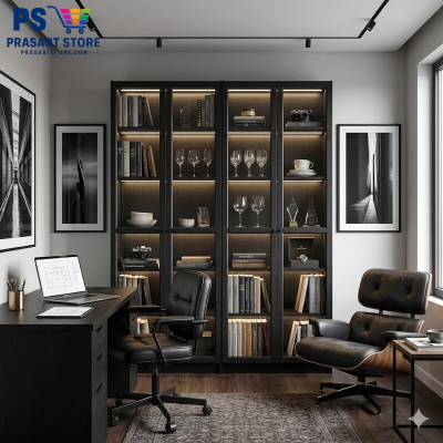 ตู้หนังสือ ตู้โชว์ ตู้ชั้นว่าง ตู้โชว์บานกระจก Bookcases, display cabinets, shelving units, glass-fronted display cabinets. 160x30x202 ซม Black