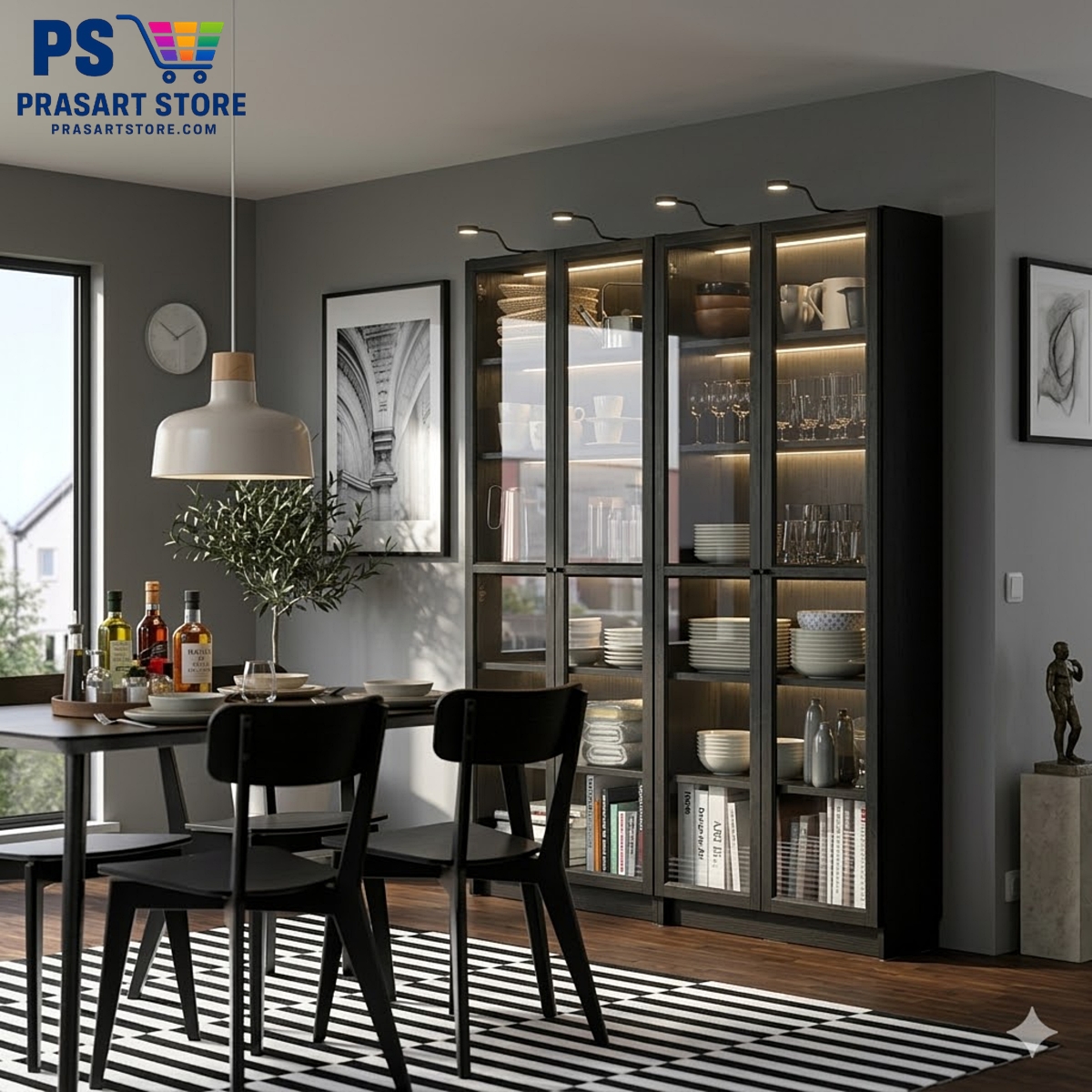 ตู้หนังสือ ตู้โชว์ ตู้ชั้นว่าง ตู้โชว์บานกระจก Bookcases Shelving Units glass cabinet 160X30X202 Black cm Prasartstore.com22f39860-3e34-4ed4-8b3d-8e2a12676950