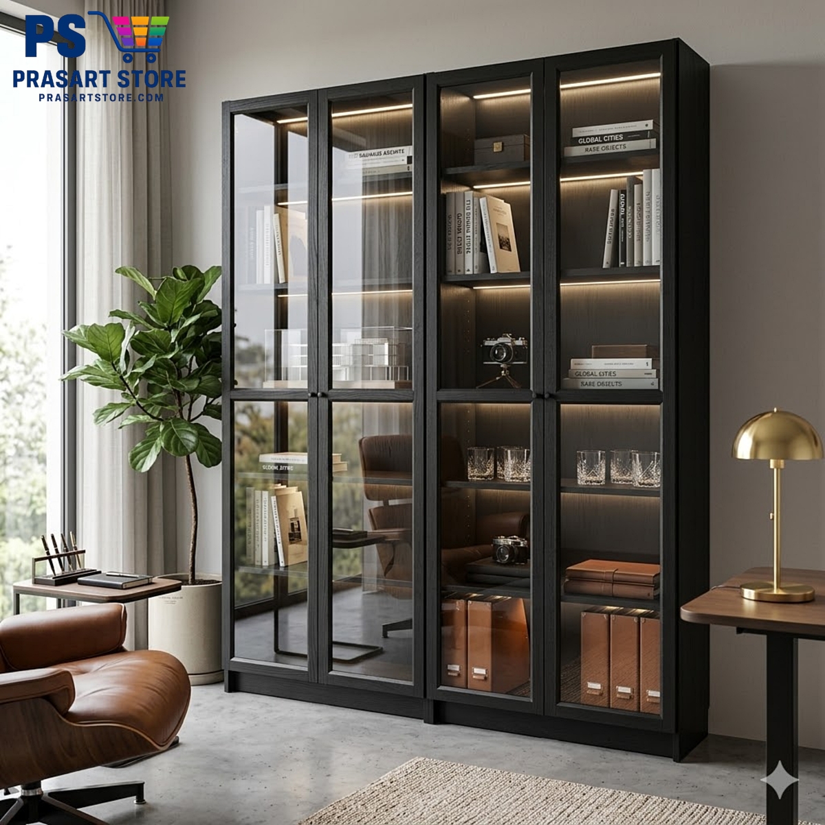 ตู้หนังสือ ตู้โชว์ ตู้ชั้นว่าง ตู้โชว์บานกระจก Bookcases Shelving Units glass cabinet 160X30X202 Black cm Prasartstore.com111