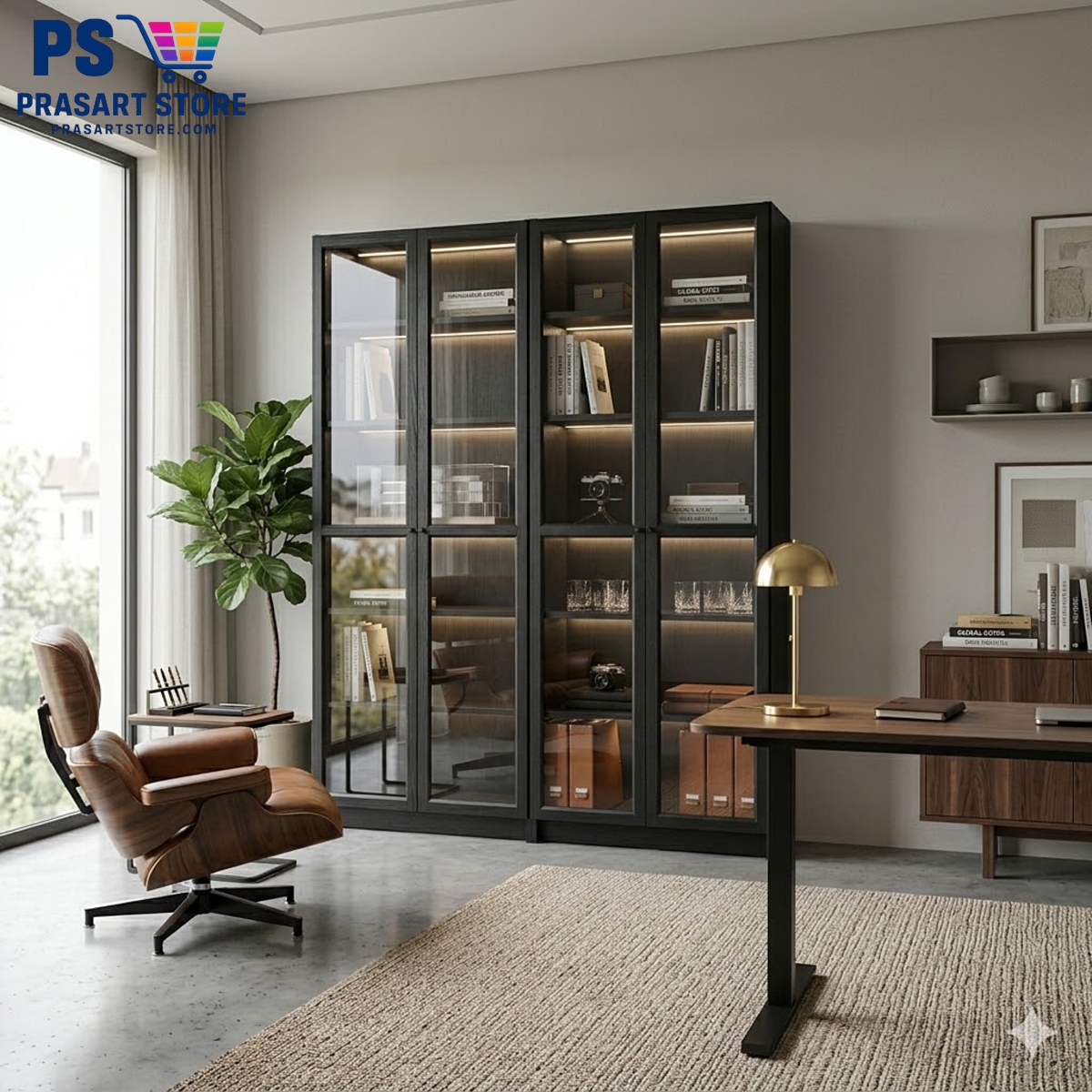 ตู้หนังสือ ตู้โชว์ ตู้ชั้นว่าง ตู้โชว์บานกระจก Bookcases Shelving Units glass cabinet 160X30X202 Black cm Prasartstore.com222