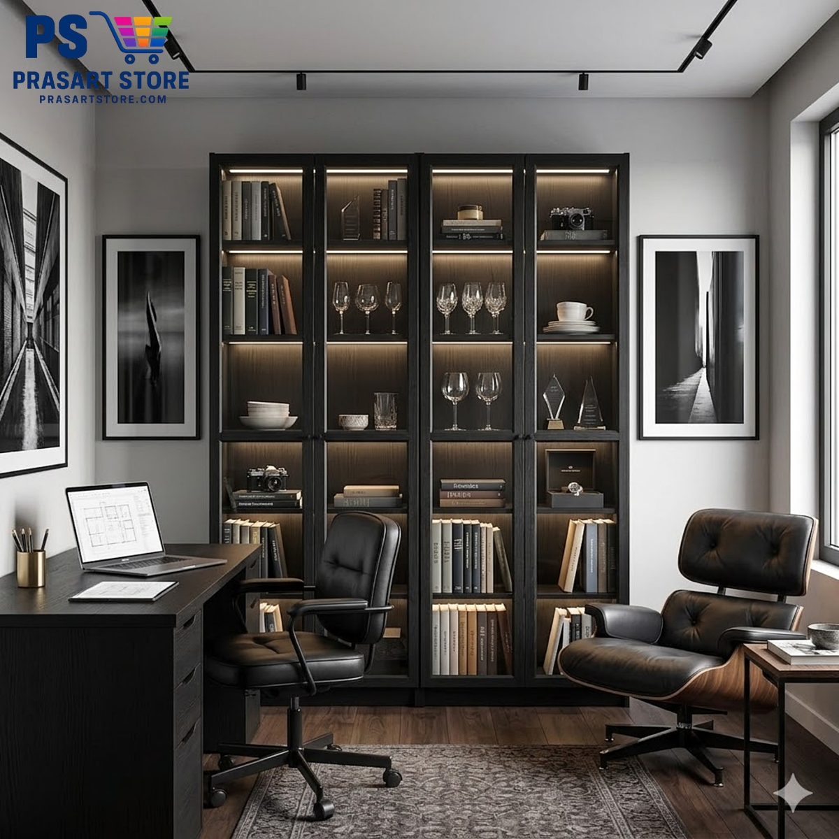 ตู้หนังสือ ตู้โชว์ ตู้ชั้นว่าง ตู้โชว์บานกระจก Bookcases Shelving Units glass cabinet 160X30X202 Black cm Prasartstore.comc8deba25-0116-4322-88bf-ed2cbb79f2a3