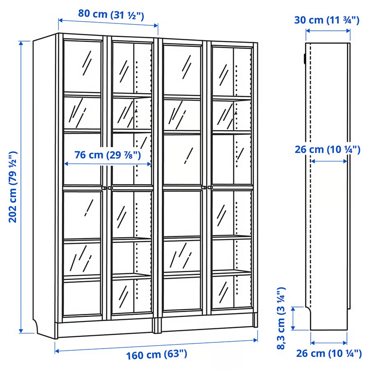ตู้หนังสือ Bookcases Shelving Units glass cabinet 160X30X202 Black cm Prasartstore.com billy-oxberg-bookcase-combination-w-glass-doors-black-oak-effect__1060030_pe849833_s5