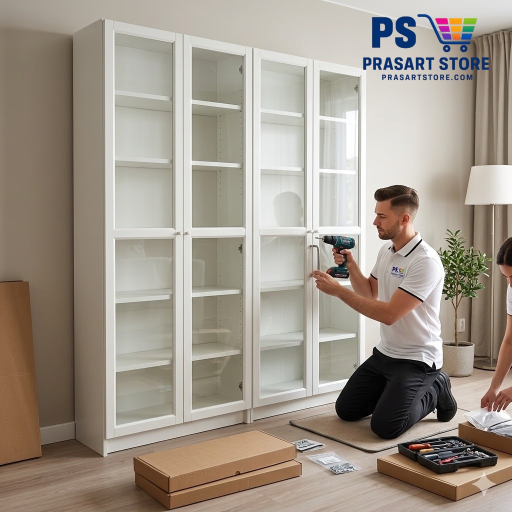 ตู้หนังสือ ตู้โชว์ ตู้ชั้นว่าง ตู้โชว์บานกระจก Bookcases Shelving Units glass cabinet 160X30X202 cm Prasartstore.com White white