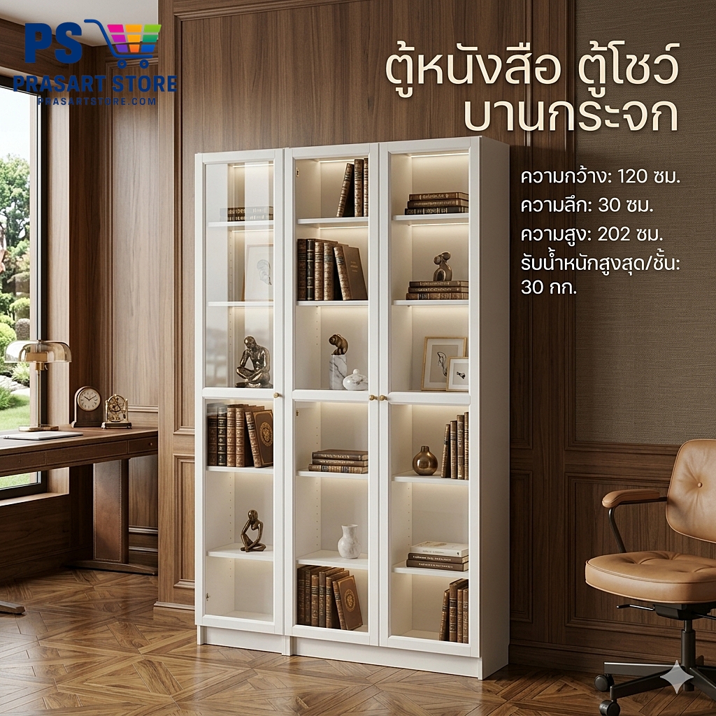 ตู้หนังสือ ตู้โชว์บานกระจก Bookcase, glass display cabinet Prasartstore.com Gemini_Generated_Image_ummhusummhusummh