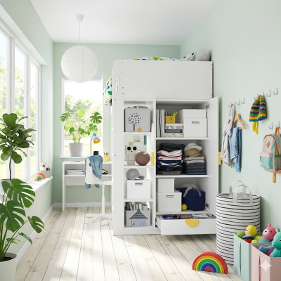 Bunk bed with wardrobe desk and shelves. Dimensions: 90x200x182 cm.