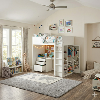 Bunk bed with wardrobe desk and shelves. Dimensions: 90x200x182 cm.