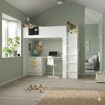 Bunk bed with wardrobe desk and shelves. Dimensions: 90x200x182 cm.