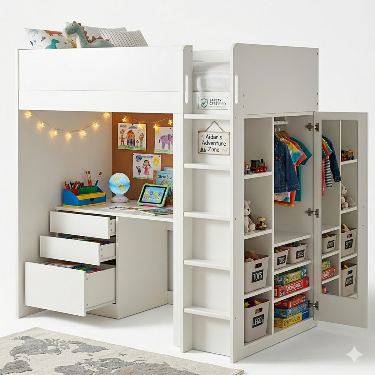 เตียงสองชั้น พร้อมตู้เสื้อผ้า โต๊ะทำงาน และชั้นวางของ Bunk bed with wardrobe desk and shelves Dimension 90x200x182592c0100-1d71-4054-a008-49bf2a984b7e