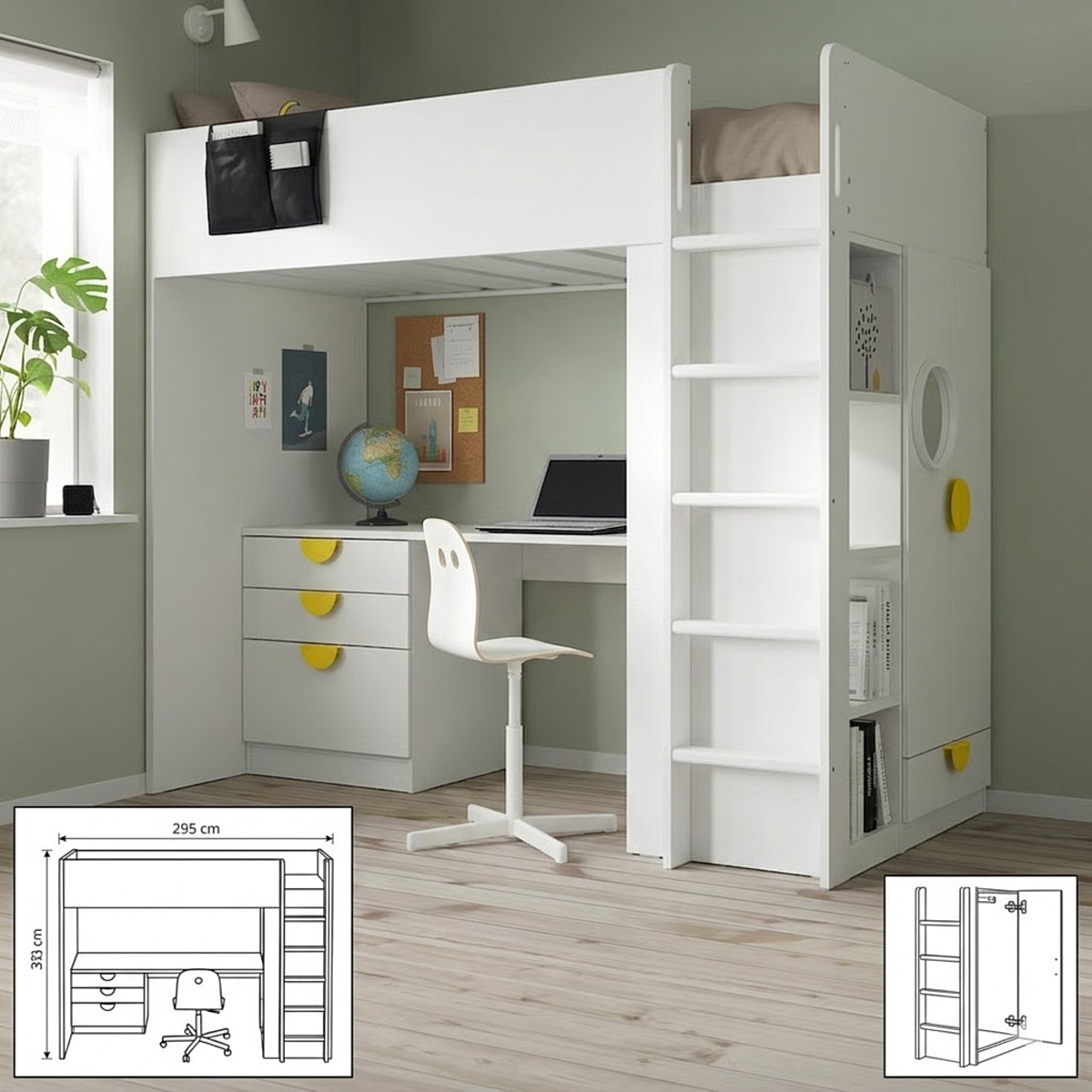 เตียงสองชั้น พร้อมตู้เสื้อผ้า โต๊ะทำงาน และชั้นวางของ Bunk bed with wardrobe desk and shelves Dimension 90x200x182ab9486a8-35e8-46b5-8f12-9ead12c17c19