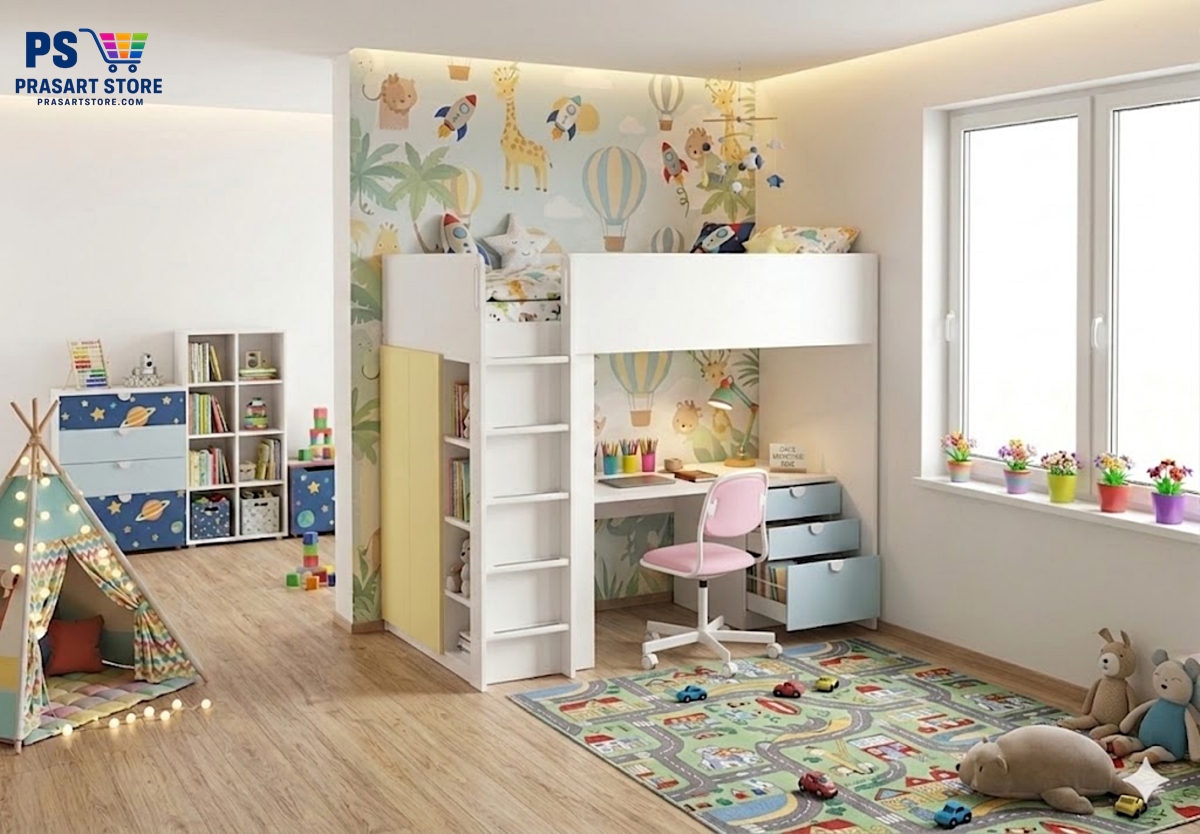 เตียงสองชั้น พร้อมโต๊ะทำงานและตู้เสื้อผ้าสำหรับเด็ก Loft Bed with Desk and Wardrobe 147