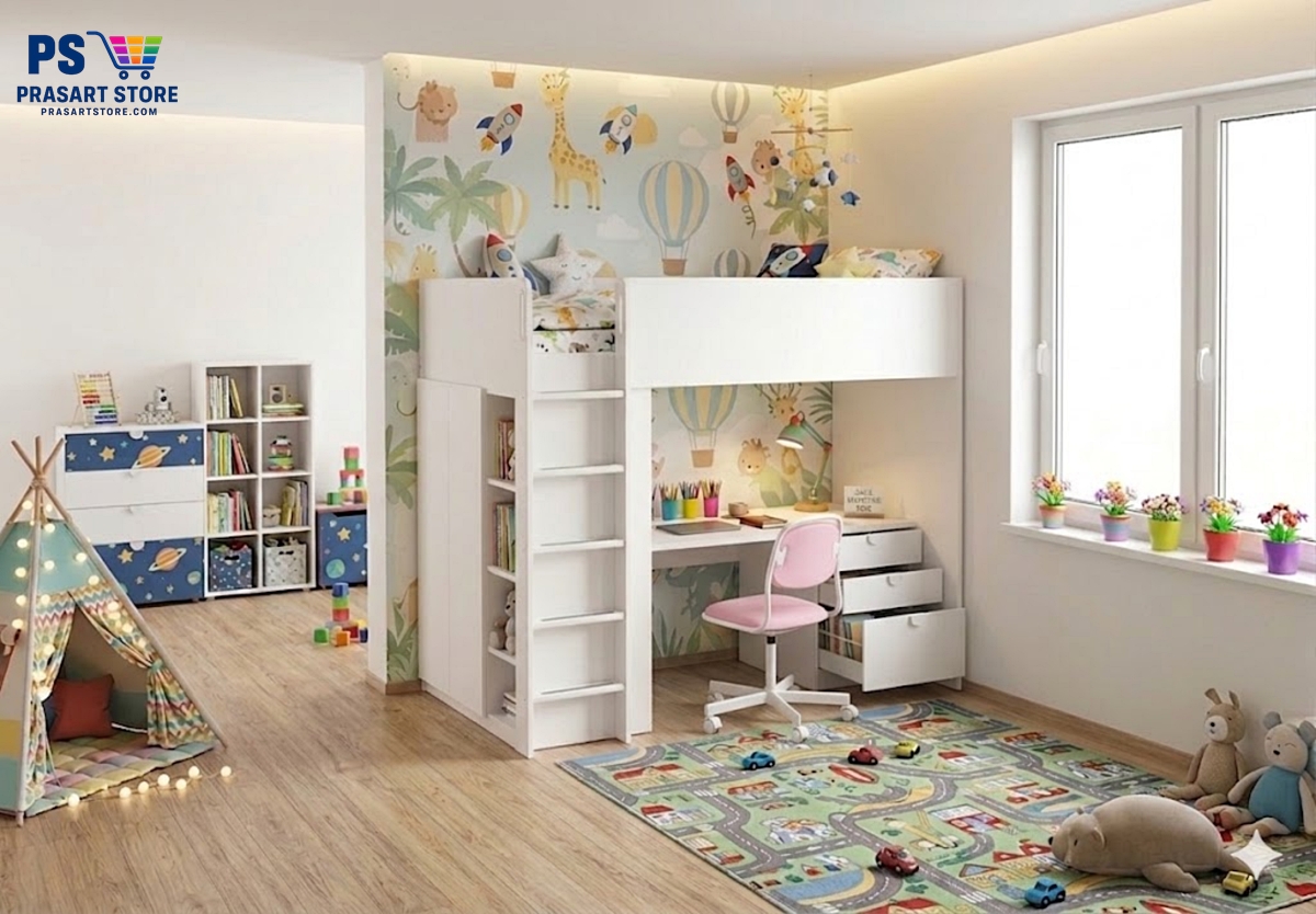 เตียงสองชั้น พร้อมโต๊ะทำงานและตู้เสื้อผ้าสำหรับเด็ก Loft Bed with Desk and Wardrobe 01236