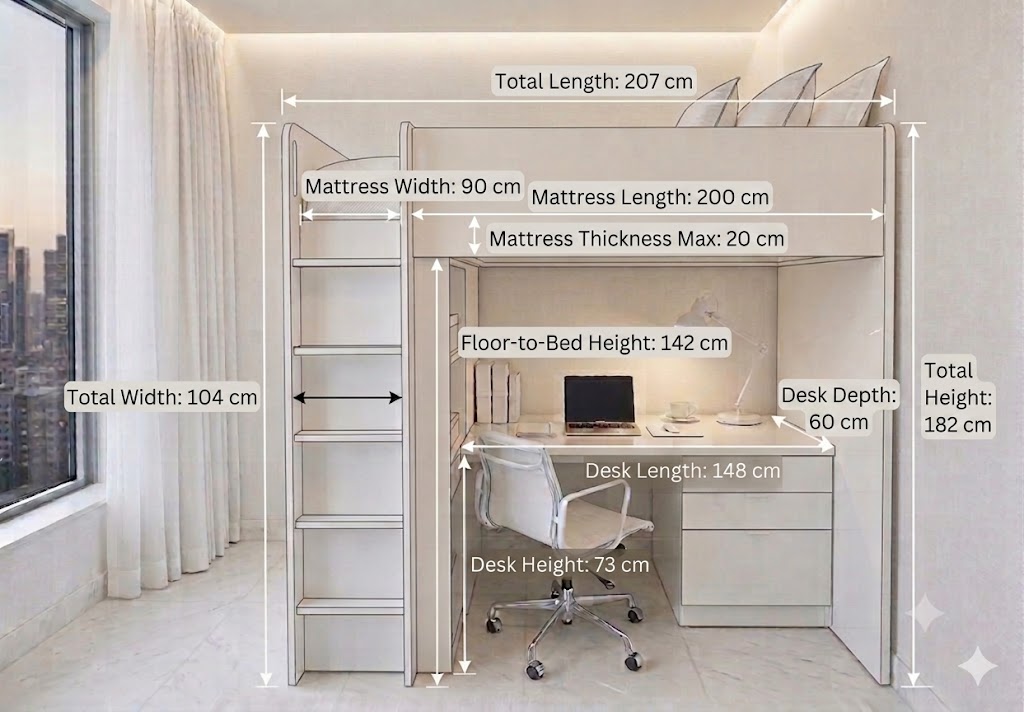 เตียงสองชั้น พร้อมตู้เสื้อผ้า โต๊ะทำงาน และชั้นวางของ Bunk bed with wardrobe desk and shelves Dimension 90x200x182 cm 990