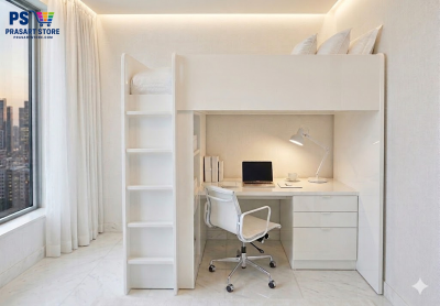 Bunk bed with wardrobe desk and shelves. Dimensions: 90x200x182 cm.