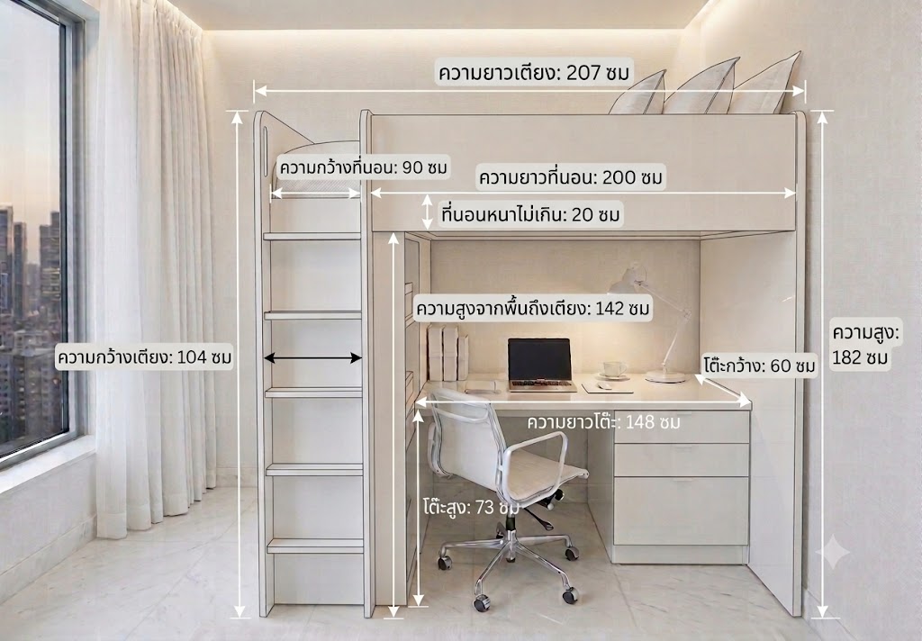 เตียงสองชั้น พร้อมตู้เสื้อผ้า โต๊ะทำงาน และชั้นวางของ Bunk bed with wardrobe desk and shelves Dimension 90x200x182 cm
