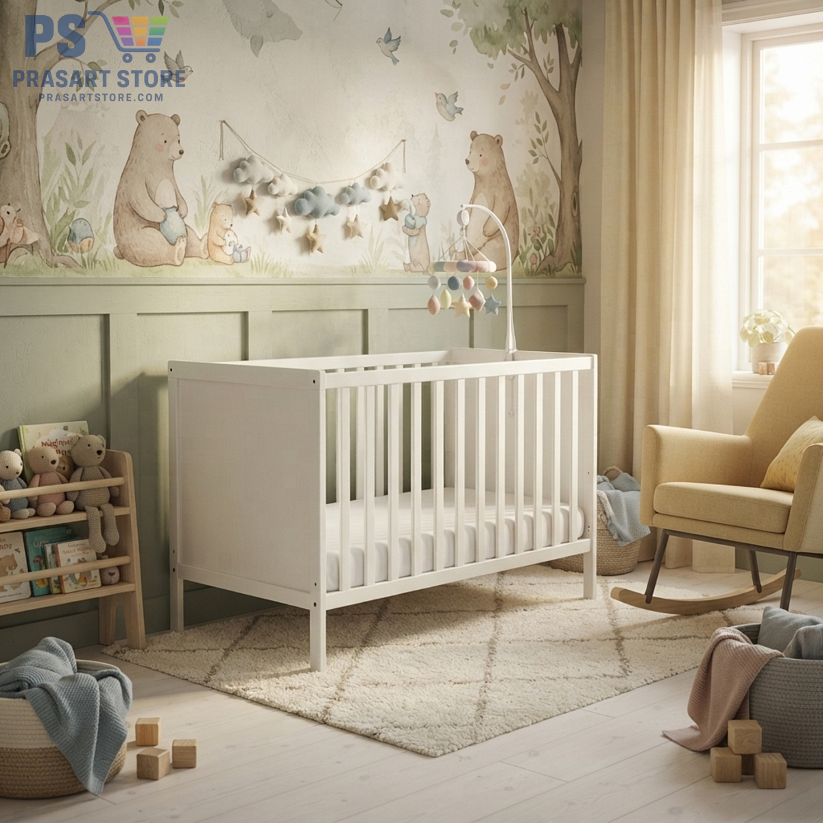 เตียงเด็กอ่อนไม้สีขาว Baby Cot ดีไซน์มินิมอล ปลอดภัยสำหรับทารก 0-3ปี ขนาด 60x120 สูง 86 ซม