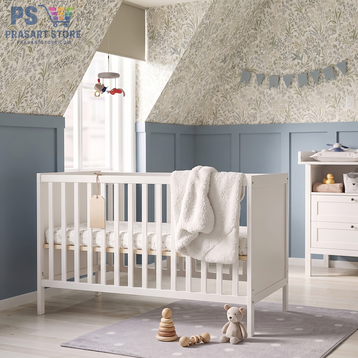 เตียงเด็กอ่อนไม้สีขาว Baby Cot  ดีไซน์มินิมอล ปลอดภัยสำหรับทารก  ขนาด 60x120 สูง 86 เซนติเมตรGemini_Generated_Image_fr2h8sfr2h8sfr2h