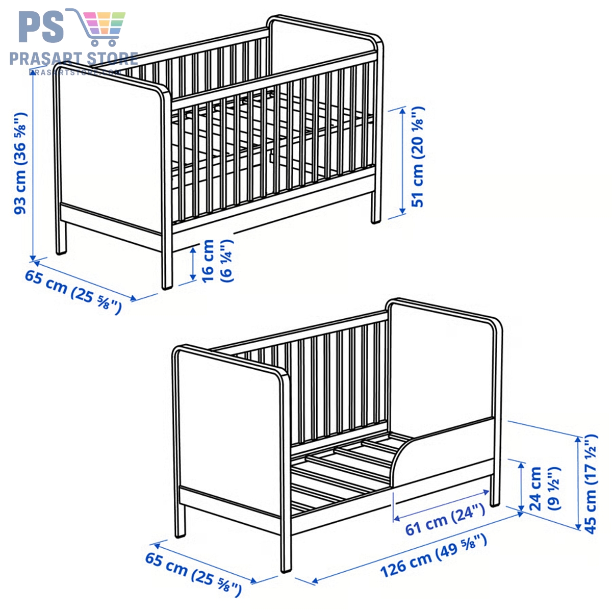 ตียงเด็กอ่อน Baby Bed Baby Cot ขนาด 60X120 สูง 93 ซม เพิ่มลดระดับพื้นเตียงลงได้เมื่อเด็กเริ่มนั่งได้เอง prasartstore.comaelskvaerd-cot-birch-white__1510384_pe1009930_s5