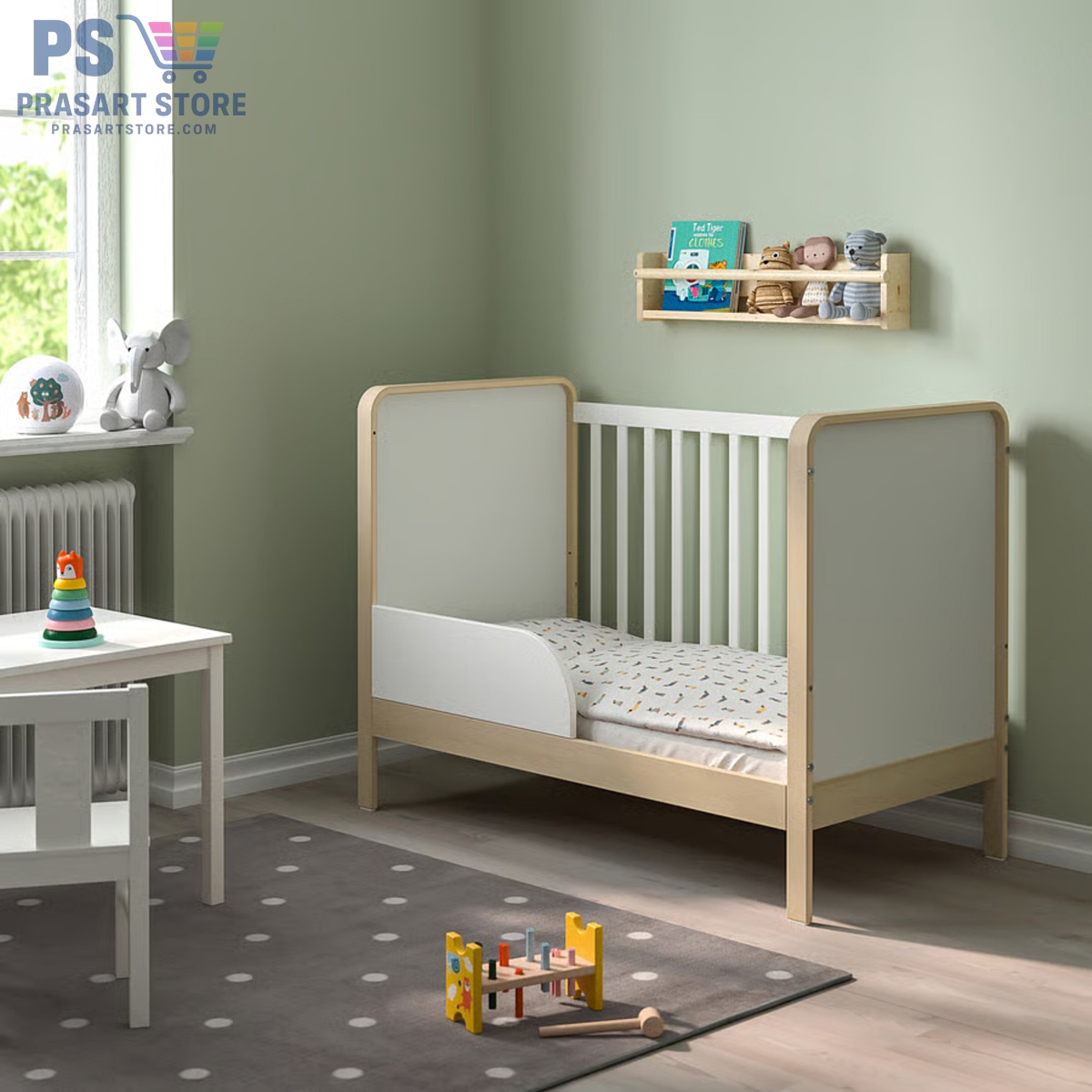 ตียงเด็กอ่อน Baby Bed Baby Cot ขนาด 60X120 สูง 93 ซม เพิ่มลดระดับพื้นเตียงลงได้เมื่อเด็กเริ่มนั่งได้เอง prasartstore.comaelskvaerd-cot-birch-white__1054843_pe847888_s5