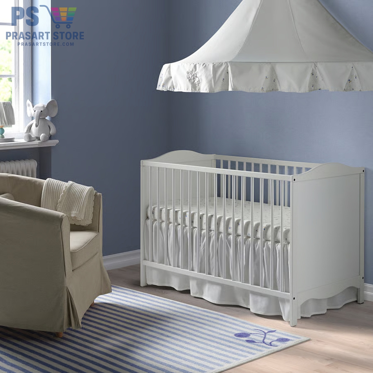 เตียงเด็กอ่อน Baby Bed Baby Cot ขนาด 60X120 สูง 84 ซมปรับความสูงของพื้นเตียงได้ 2 ระดับsmagoera-cot-white__0748851_pe745280_s5