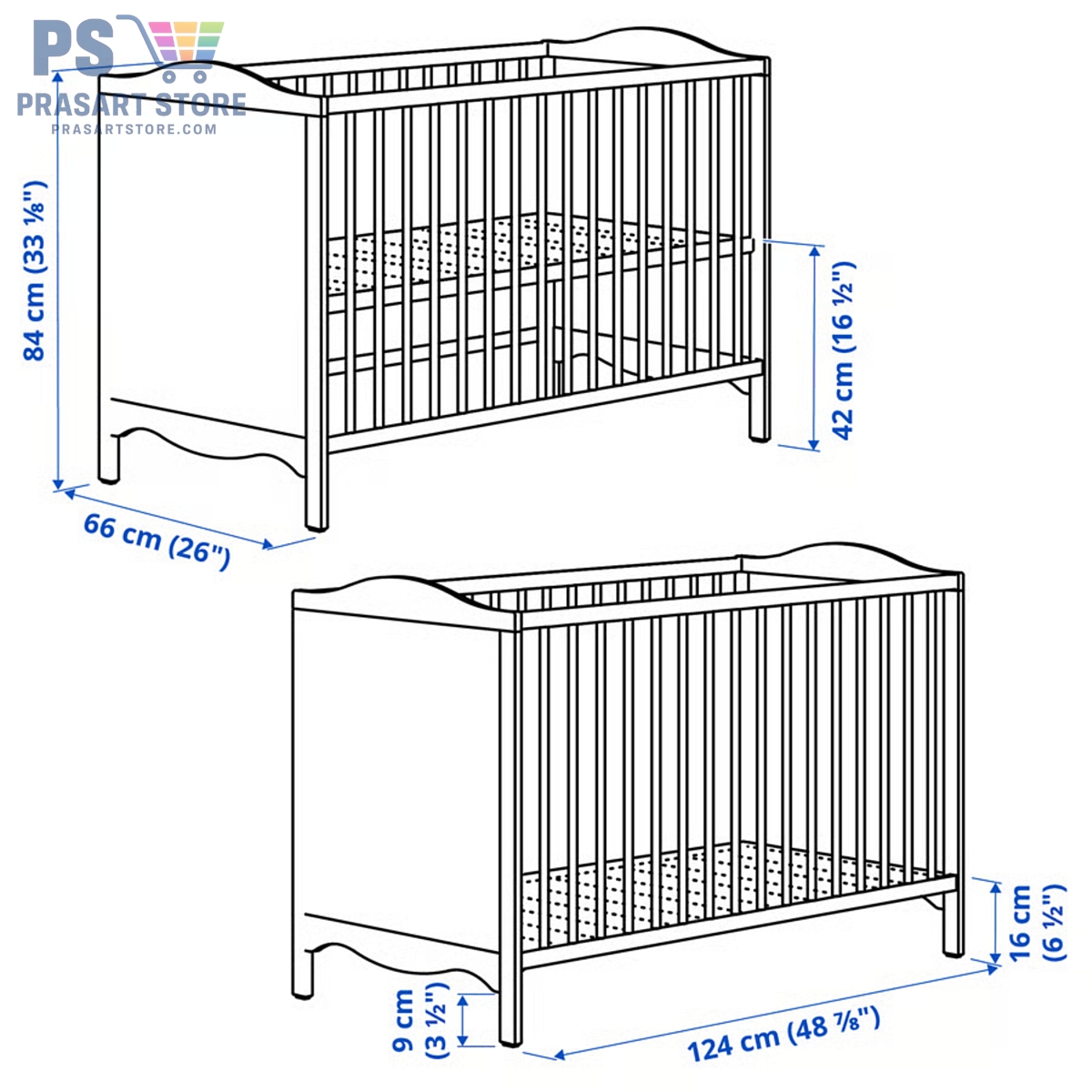 เตียงเด็กอ่อน Baby Bed Baby Cot ขนาด 60X120 สูง 84 ซมปรับความสูงของพื้นเตียงได้ 2 ระดับsmagoera-cot-white__1511658_pe1010156_s5