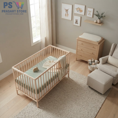เตียงเด็กอ่อน Baby Bed Baby Cot Baby Crib ขนาด 60X120 สูง 80ซม ไม้บีช ระบายอาการได้ดี
