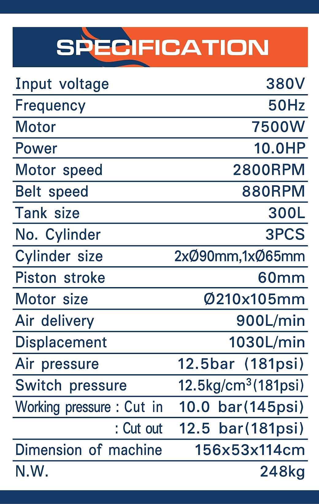 ปั๊มลม ปั้มลมลูกสูบสายพาน 300 ลิตร มอเตอร์ 10.0HP 7500W  Air Compressor 10HP 300L 7500w SUMO Prasartstore.com202020